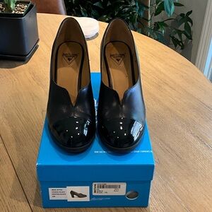 John Fluevog Black Patent-Toe Leather Slip-On Heels